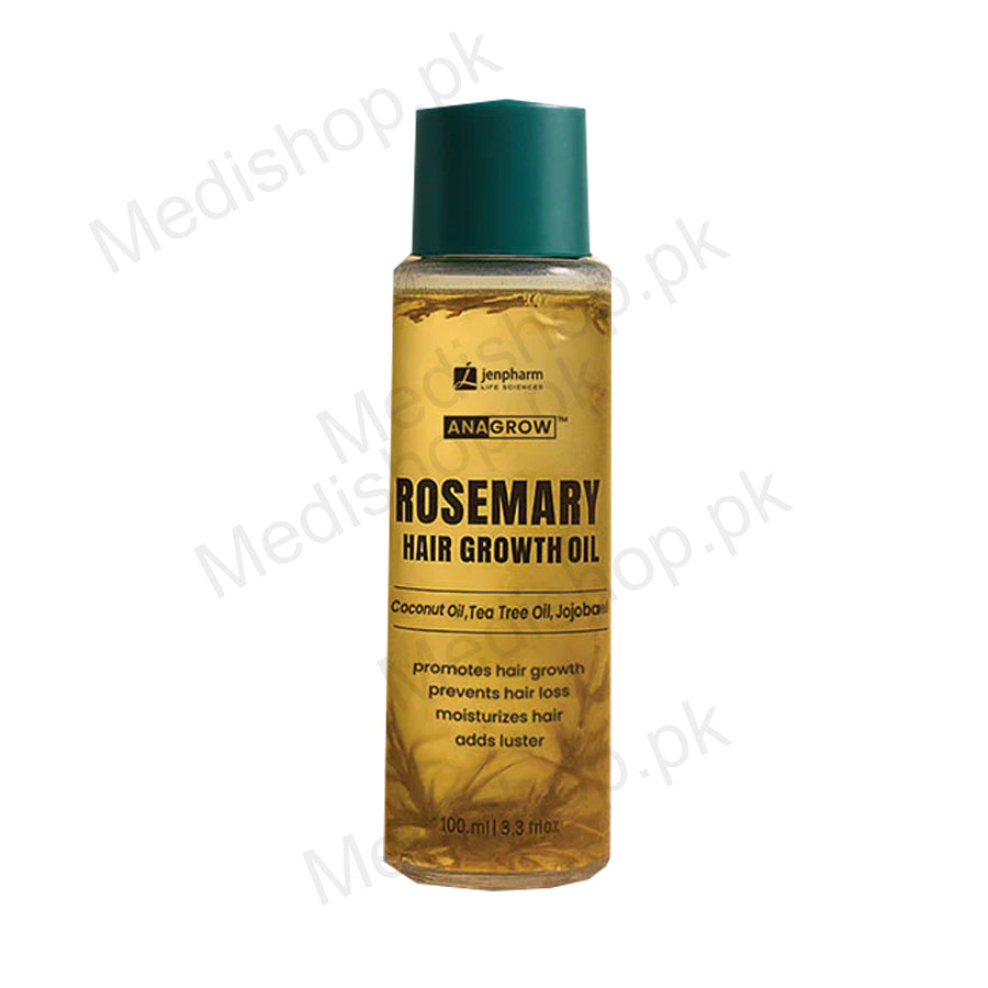 A 100 ml bottle of ANAGROW Rosemary Hair Growth Oil by jenpharm Life Sciences, featuring a dark green cap and a clear bottle showing golden-yellow oil inside