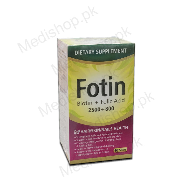  fotin biotin2500_folic acid800 hair skin nails health 60tablets crystolite pharmaceuticals
