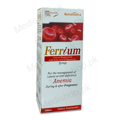 Ferrium iron bisglycinate folic acid vitamin b12 syrup anemia supplement nutrabiotics