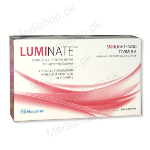 Luminate Capsules Skin Whitening Formula for whitening glutathione 500mg vitamin E Neophar pharma