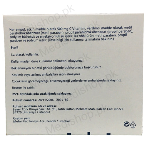 Redox-c 500mg/5ml injection vitamin c bayer pharma detail
