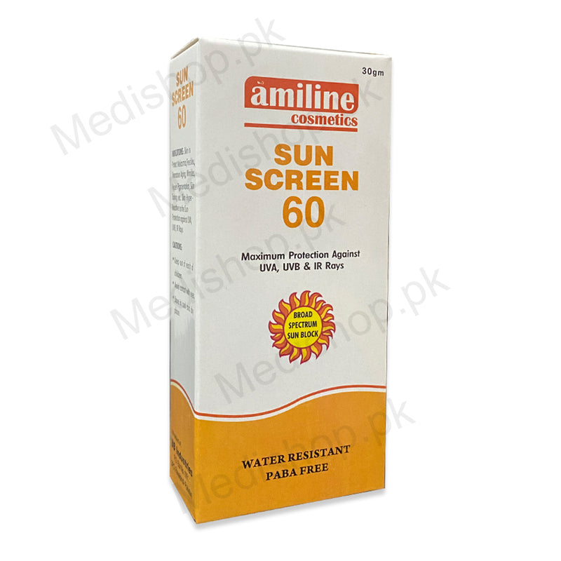Sun Screen 60 Sunblock 30gm Skin in Protect Melasma, Freckles, Premature Aging, Wrinkles, Hyper Pigmentation, Skin Taning etc. Skin Hyper Reactive to the Sun Protection against UVA, UVB, Rays amiline cosmetics